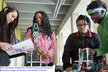 Ninth-grade students assemble robots at MC2 STEM High School. Photo by Allison Shelley/The Verbatim Agency for American Education: Images of Teachers and Students in Action